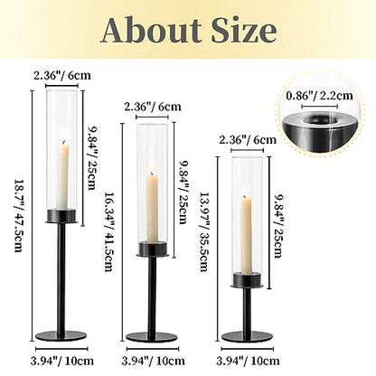 Hewory Black Candlestick Holders Hurricane Candle Holder, 12Pcs Candle Stick Candle Holder Candelabra, Taper Candle Holders with Glass Candle Cover for Wedding Table Centerpiece Christmas Decor | Elegant Tall Taper Candle Holders at 3 different heights, T