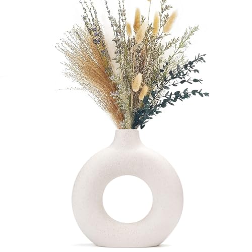CEMABT White Donut Vase Hollow Ceramic Vase for Flowers Handmade Minimalist Boho ins Style Modern Home Decor for Wedding Dinner Table Party Living Room Office Bedroom(S) - color: White, size: Small (1-Piece)