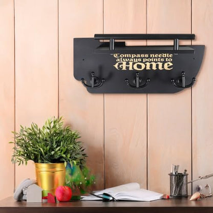 Picowe Wall Mounted Mail and Key Holder, Wooden Black Ship Style with 3 Anchor Hooks for Entryway, Farmhouse Wall Organizer for Mail & Keys