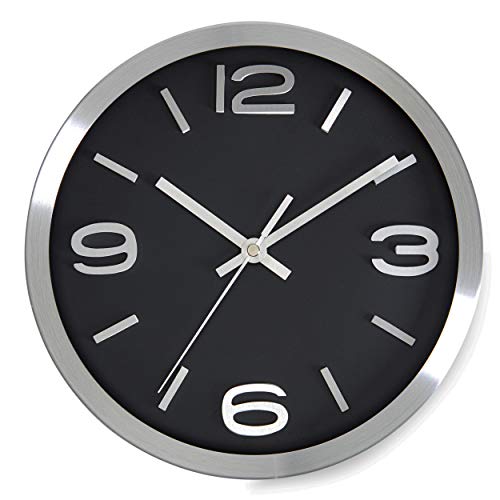 Bernhard Products Modern Wall Clock 10 Inch Black & Silver Silent Non Ticking Battery Operated Metal Round Elegant Quality Quartz, Kitchen Home Office Clock with 3D Numbers, Easy to Read - color: Silver & Jet Black