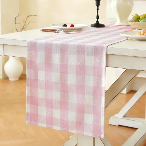 Laolitou Spring Pink Checkered Table Runner, Cotton Linen Gingham Table Runners, Classic Buffalo Plaid Farmhouse Table Decor, 13x72 Inches - color: A-pink, size: 72" x 13" (Rectangular)
