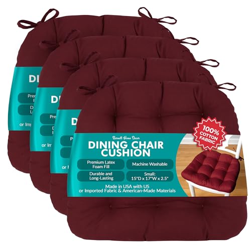 Barnett Home Decor Chair Cushions for Dining Chairs - 15x17 Kitchen Chair Cushions - Machine Washable, 100% Cotton, Made in USA - Latex Foam Comfort Chair Pads - Cotton Duck Wine Red Small Pack of 4 - color: Cotton Duck Wine Red, size: Small (15"D x 17"W