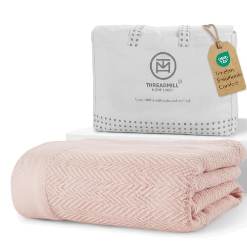 Threadmill Cotton King Blanket, Herringbone, 106x92 in, All-Season | 100% Cotton, Herringbone Pattern, 106x92 in, Breathable, Moisture-Wicking, All-Season, OEKO-TEX Certified, Machine Washable - color: English Rose, size: King (106" x 92")