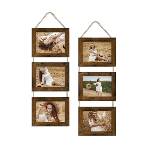 5x7 Collage Picture Frames Set of 2, Rustic Wooden Real Glass Horizontal Hanging 3 Opening 5 by 7 Photo Frame, Distressed Brown - color: Distressed Brown, size: Horizontal-5x7 in