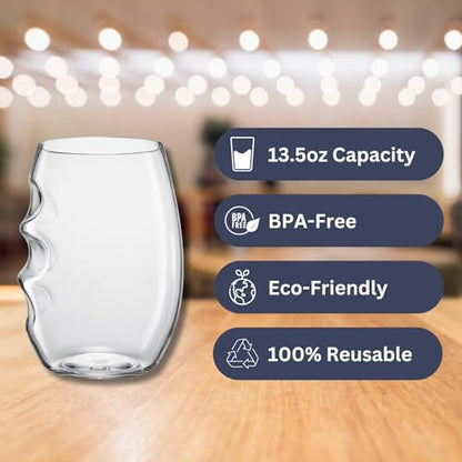 Unbreakable European Plastic Crystal, Stemless Wine Glasses | Set of 4, 13.5 OZ | Acrylic Tritan Set with 3-Finger Indentations - Clear Short Tumbler Set, BPA Free, Reusable, Naturally Aerates Wine - color: Clear, size: Set of 4