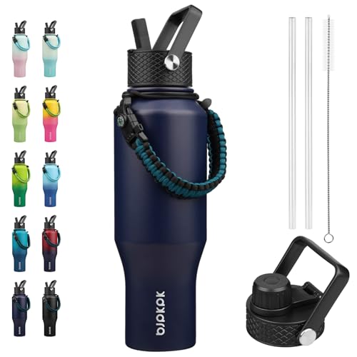 BJPKPK 35oz Insulated Water Bottle with Straw Lid, Stainless Steel Bottle | Vacuum Insulated with Straw Lid & Spout Lid, Paracord Strap, Keep Cold & Hot, Leak-Proof, BPA-Free, for Gym, Hiking, Travel - color: Navy Blue, style: 35oz