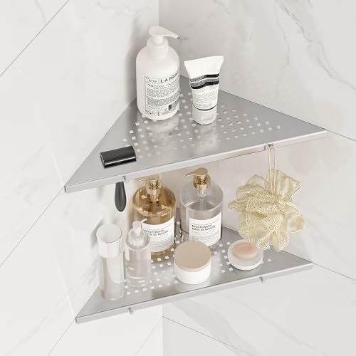 Qeke 10" Corner Shower Shelf, 2 Pack Bathroom Corner Shelf, Brushed Nickel | 304 Stainless Steel Shelf, w/ a Razor Slot & Hooks, Floating Corner Shelf for Tiled Wall, No Drilling Required - color: Brushed Nickel