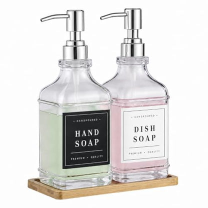 Clear Glass Soap Dispenser Set: Modunful 2 Pack 16.9oz Countertop Soap Dispenser with Bamboo Tray, Silicone Funnel & 60 Waterproof Stickers - for Kitchen Bathroom - color: Dm2647-silver