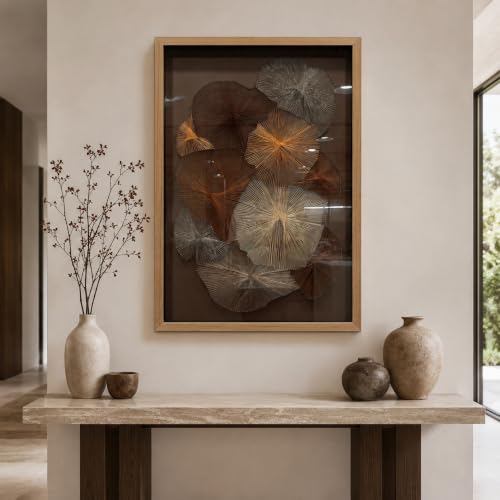BrightA Large String Nail Thread Art 3D Floral Wall Hanging Sculpture | Hand crafted metal pin and fiber radial bloom panels with layered botanical geometry 27.5"x39.4" - color: Brown + Gold + Dark Red + Natural wood tone, size: 27.5"x39.4"