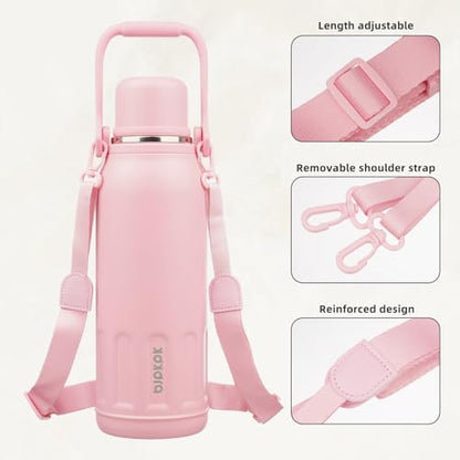 BJPKPK Stainless Steel Insulated Bottle with Handle & Strap, 50oz | Leak-proof vacuum insulation keeps drinks cold/hot for hours. BPA-free, dishwasher safe. Includes handle & strap. Light Pink. - color: Light Pink, size: 50 Ounces