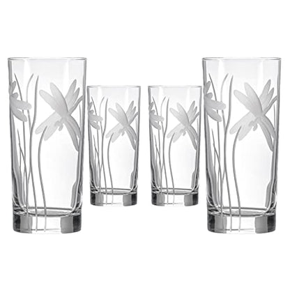 Rolf Glass Dragonfly Highball Glass 15 ounce - Set of 4 Cooler Glasses – Lead-Free Glass - Etched Drinking Glass with Heavy Base - Made in the USA - color: Highball 4 Set