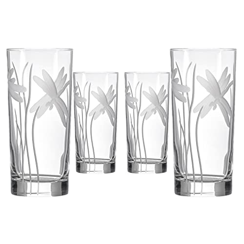 Rolf Glass Dragonfly Highball Glass 15 ounce - Set of 4 Cooler Glasses – Lead-Free Glass - Etched Drinking Glass with Heavy Base - Made in the USA - color: Highball 4 Set
