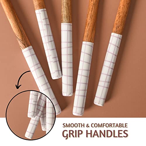 Folkulture Wooden Spoons for Cooking,Kitchen Utensils Set of 5(12") | Smooth Finish, Soft, Comfort, Durable, Non Toxic, Non Stick, Acacia Wooden Spoons, Cooking Gifts for Women,Kitchen Essentials - color: White Check