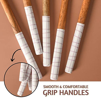 Folkulture Wooden Spoons for Cooking,Kitchen Utensils Set of 5(12") | Smooth Finish, Soft, Comfort, Durable, Non Toxic, Non Stick, Acacia Wooden Spoons, Cooking Gifts for Women,Kitchen Essentials - color: White Check