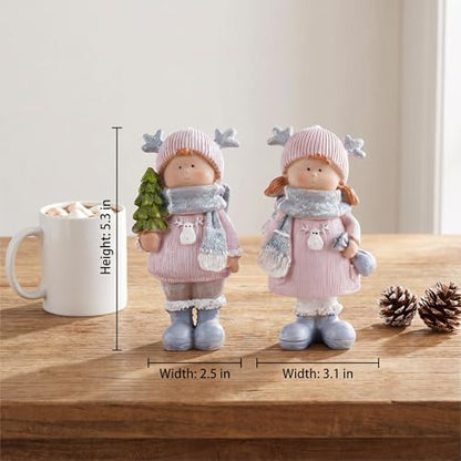 Christmas Home Decor Set of 2 Resin Mini Sculptures with Reindeer Hats, Cute Female Themed Winter Ornaments for Mantel, Tiered Tray & Indoor Tabletop Christmas Decor