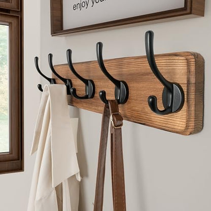 SKOLOO Rustic Wall Mounted Coat Rack with 16 Inch Mounting Hole Distance, Pine Solid Wood Coat Hook Hanger - 5 Hooks for Hanging Clothes Robes Towels Coats - color: Brown Plate & Black Hook, size: 1 Item-5 Hooks