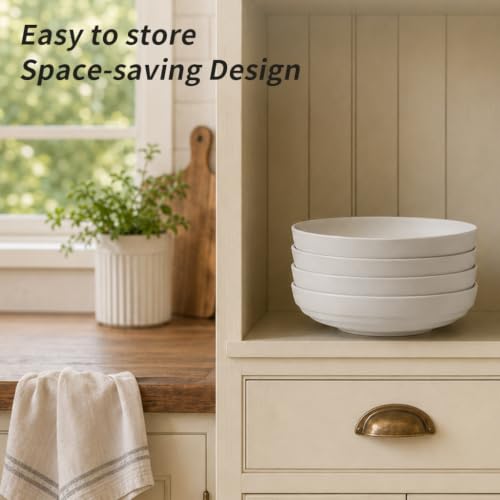 HAPPY KIT Stoneware 9'' Pasta Bowls 42oz Set of 4, Granite White - color: MatteWhite