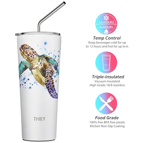 THILY Stainless Steel Vacuum Insulated Tumbler Travel Mug 26 oz Coffee Cup with 2 Lids and Straws, Splash Proof, Keep Ice Drinks Cold, Sea Turtle - color: Sea Turtle, size: 26 Ounce (Pack of 1)