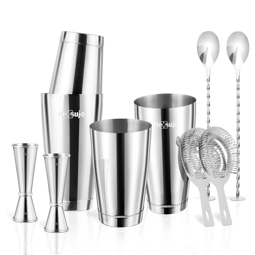 Boston Cocktail Shaker, 8-Piece Professional Shaker Set, Stainless Steel Bar Tools Set with Boston Shaker, Bar Spoon, Jigger, Hawthorne Strainer, Dishwasher Safe, Ideal Bartender Kit for Bar - color: Silver, size: 8-Piece
