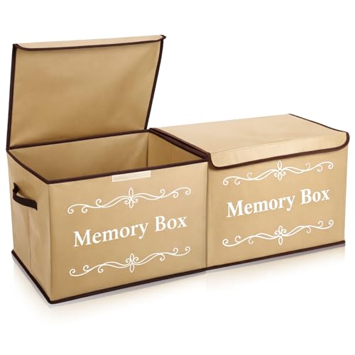 LemonRoad 2Pcs Memory Box Keepsakes for Kid Memory Decorative Storage Box Bin with Lid for Baby Wedding Travel Birthday Anniversary Precious Milestones Gift Loved Ones Treasured 16x12x12''(Linen) - color: Linen