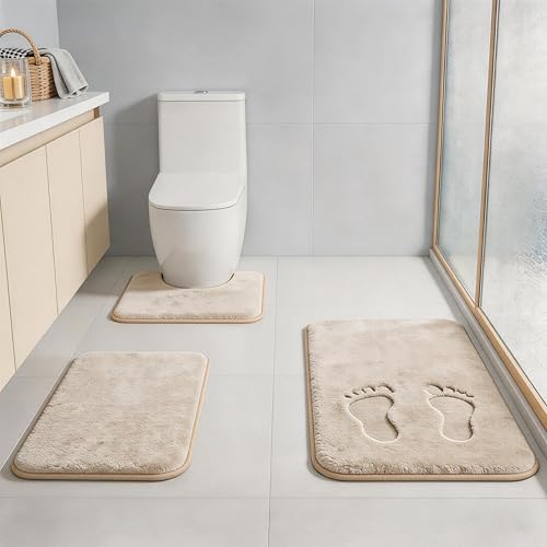 Beige Bath Mat Sets Extra Soft Memory Foam Bathroom Rugs 3 Piece Non Slip Absorbent & Dry Living Mat Sets Washable Bath Carpets with Toilet Rug,Bath Rugs for Bathroom,Tub,Shower,Kitchen,Bedroom - color: Beige