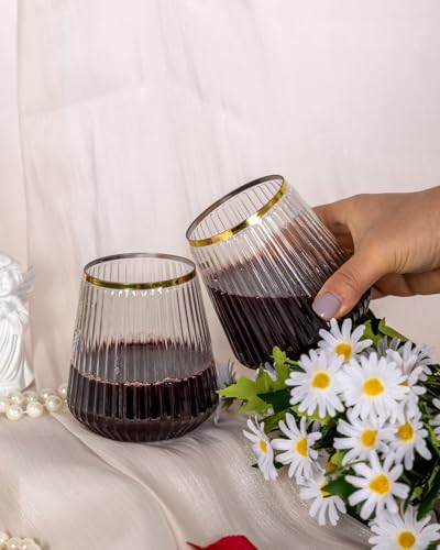 Goodluck 80 Pack 12oz Stemless Clear Ribbed Plastic Wine Glasses Gold Rim | Fancy Reusable Disposable Drinkware for Weddings, Parties, Bars, Indoor and Outdoor Events - color: Clear and Gold