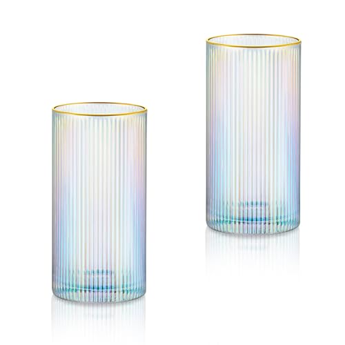 Joeyan Iridescent Gold Rim Ribbed Highball Glasses Set of 2, 12oz Hand Blown Crystal Drinking Glass Tumbler for Cocktail, Iced Coffee, Juice, Water, Soda, Tall Glassware for Kitchen Bar & Home Use - color: Iridescent highball glasses