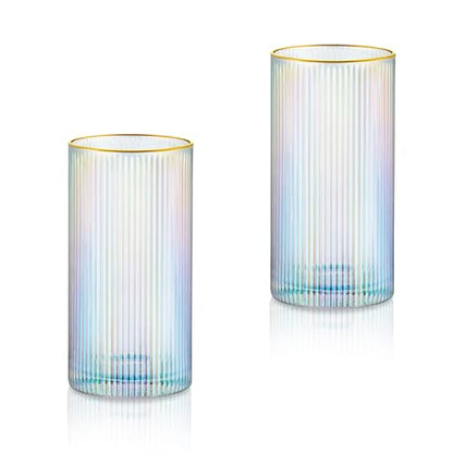 Joeyan Iridescent Gold Rim Ribbed Highball Glasses Set of 2, 12oz Hand Blown Crystal Drinking Glass Tumbler for Cocktail, Iced Coffee, Juice, Water, Soda, Tall Glassware for Kitchen Bar & Home Use - color: Iridescent highball glasses