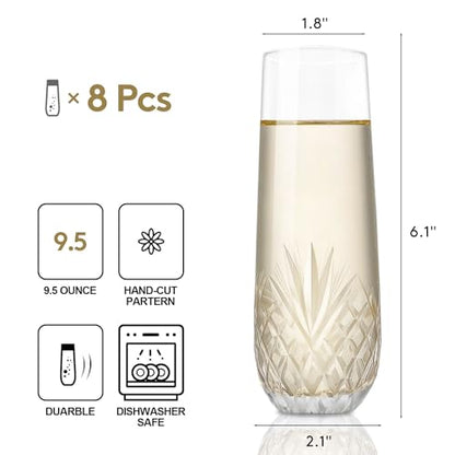 SHOSHIN Hand-Cut Crystal Stemless Champagne Flutes – Perfect for Parties, Weddings, and Celebrations – Elegant Set of 8 Champagne Glasses, 9.5 oz - color: Agave set of 8