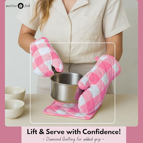 Native Fab Buffalo Plaid Check Oven Mitts and Pot Holders Set of 4, 100% Cotton Heat Resistant Kitchen Gloves, 2 Oven Mitts (7x13), 2 Pot Holders (8x8) for Cooking & Baking, Pink White - color: Buffalo, Rose Pink