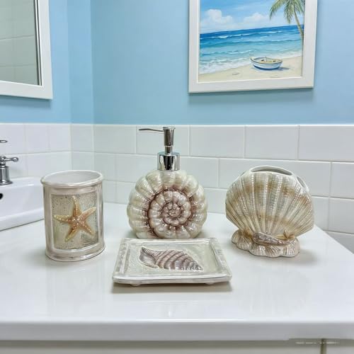 Ceramic Bathroom Accessory Set - 4 Piece Seashell & Starfish Decor, Includes Soap Dispenser, Toothbrush Holder, Soap Dish & Tumbler, Beach Themed Bath Decor (Yellow) - color: Yellow