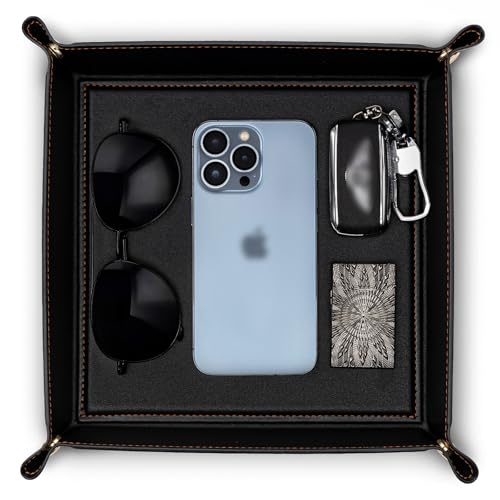 VLANDO Valet Tray, Foldable PU Leather Catchall Tray, Black | Valet Tray for Men, Nightstand, Dresser, Desk, Entryway and Travel Organizer for Keys, Wallet, Watch, Phone, Glasses and EDC - color: A-Black, size: 11'' x 11'' x 0.2''