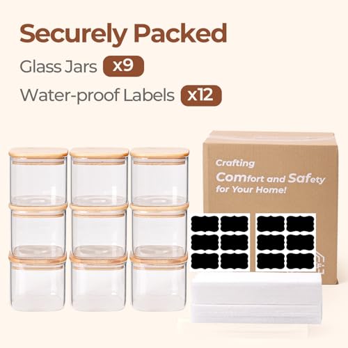 ComSaf Square Glass Containers with Lids 0.7 Qt, Set of 9 Small Galss Jars | Small Kitchen Canisters, Spice Jar, Pantry Organizers, Family Snack Station, Size For Subpackage, BPA Free, Cookie, Dry Food - size: 0.7Qt*9