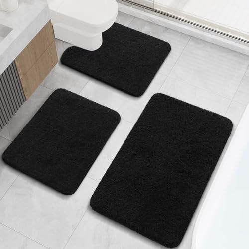 LOCHAS Bathroom Rugs Sets 3 Piece, Microfiber Bath Mat Set Non Slip, Black | Washable Absorbent Toilet Rug, Shaggy Soft Cozy Quick Dry - color: Black, size: 30" x 20" + 24" x 17" + U Shape 24" x 20"