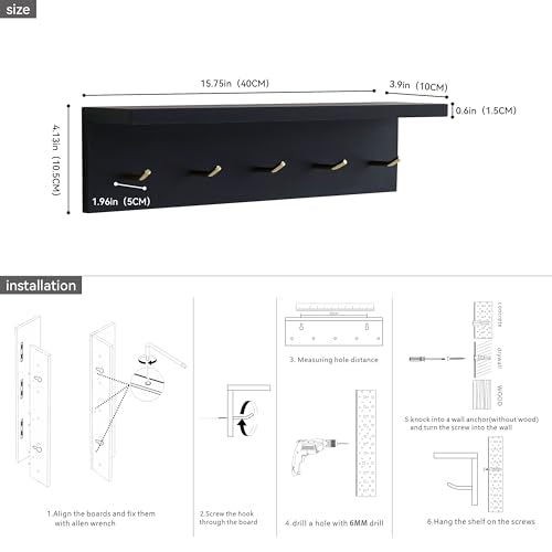 Marine Plywood Wall Mounted Coat Rack with Shelf & Key Hooks, 5 Brass Hooks Entryway Organizer, Modern Floating Shelf for Bedroom Hallway, Space-Saving Home Storage Rack (1, Black) - color: Black