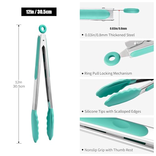 Doosu 12in Kitchen Tong for Cooking - 600°F Heat Resistant Food Tong with Non-Scratch Silicone Tips & 3-Piece Silicone Spatula Set Kitchen Food Grade BPA Free Baking Supplies Cooking Tools (Aqua Sky)