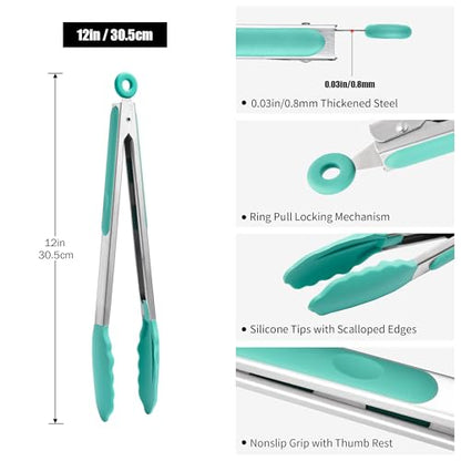 Doosu 12in Kitchen Tong for Cooking - 600°F Heat Resistant Food Tong with Non-Scratch Silicone Tips & 3-Piece Silicone Spatula Set Kitchen Food Grade BPA Free Baking Supplies Cooking Tools (Aqua Sky)