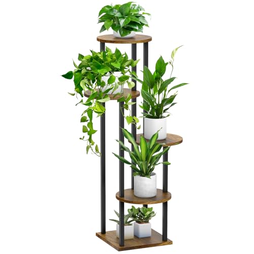 5 Tier Plant Stand Indoor, Metal Wooden Tall Plant Shelf Flower Pot Stand for Multiple Plants, Corner Flower Holder Plant Display Rack for Living Room Balcony Patio Garden (Rustic Brown) - color: Black+Brown, size: 5 Tier