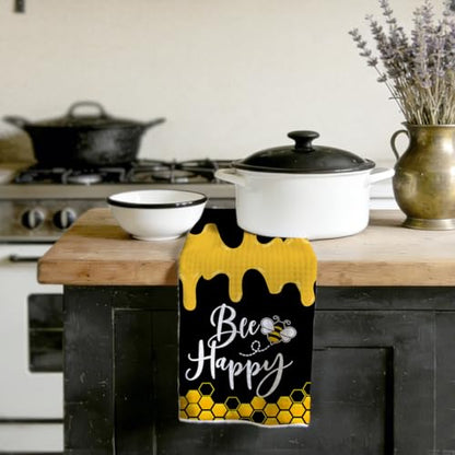 Cute Bee Black Yellow Kitchen Towels 24x14 Inch, Honey Print Hand Towels for Kitchen Home Farmhouse, Absorbent Microfiber Dish Cloth Tea Towel, Housewarming Gifts for Women Mom, Bee Happy - color: Lm 341