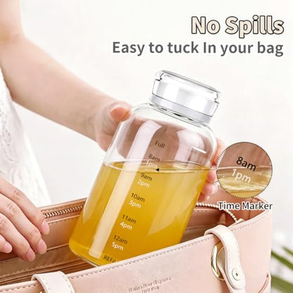 Glass Water Bottles with Lids, 15oz Juice Bottles, Glass Bottles with Straws and Time Marker, Reusable Water Bottle, Leak Proof Drinking Jars for Smoothies, Juicing, Milk,Bubble Tea - size: 15oz