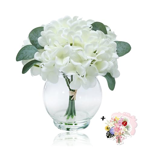 9in Artificial White Hydrangea in Clear Glass Globe Vase with Faux Water - Lifelike Silk Hydrangea Zero-Maintenance Centerpiece for Living Room, Office Desk, Bathroom Home Decor & Housewarming Gift - color: White Hydrangea With Glass Vase