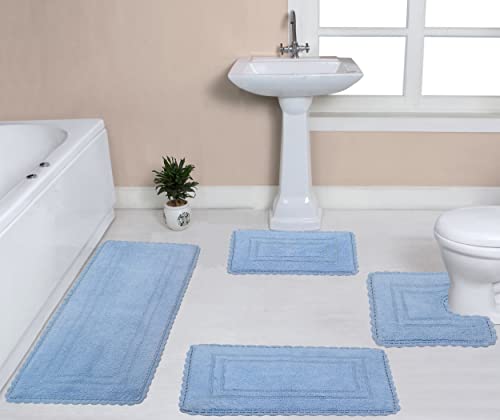 Home Weavers Casual Elegance Reversible Bathmat 100% Cotton Bathroom Rugs Set, Washable Rug, Extra Soft and Absorbent Bath Rug, Kitchen Mat, Bath Mat Set, Non Slip Mat, 4 Piece Set with Runner, Blue - color: Blue, size: 1'9" x 4'6" (Rectangle, Contour)