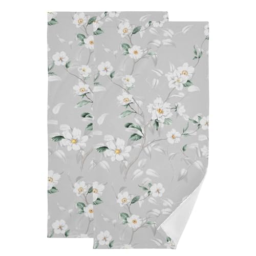 White Grey Blossom Flower Branches Hand Towels Bath Towels Set of 2 | Gray Green Leave Floral Decorative Bathroom Towels Soft Absorbent Quick Dry Bath Face Hair Dish Tea Towel for Kitchen 28"x14" - color: White Grey