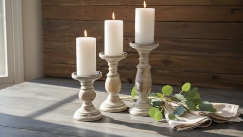 White WSH Candle Stands Wooden for Pillar Candles,Rounded Turned Colums, Sustainable Woods, Country Style Aromatherapy Candle Gardens Home décor - 6,8,10 Inch Set of 3