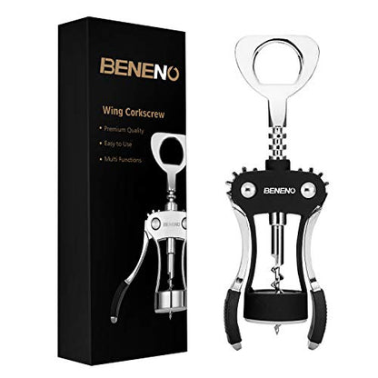 Beneno Wine Opener, Premium Wing Corkscrew Wine Bottle Opener, Black | Durable Solid Zinc Alloy Body, Precise Sharp-Edged Screw, Ergonomic Non-Slip Grip Wing Handle, Multifunctional Bottle Openers - color: Black