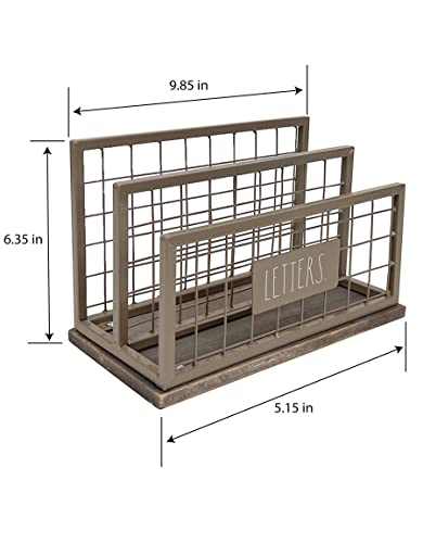 Desktop Mail Organizer - 2 Compartment Mail Holder & Stationary Table Top Desk Organizer - Chic and Stylish Galvanized Steel and Solid Wood - “Letters” Print - for Home and Office, Grey "Letter" - color: Gray "Letters"