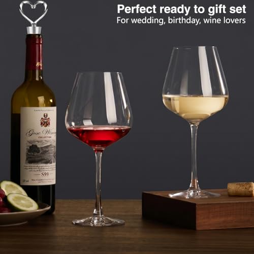 Crystal Wine Glasses Set of 2, 21oz Hand Blown Clear Glass | Long Stem Red White Wine Glass with Pourer and Stopper, Elegant Design in Gift Box for Home Bar, Birthday, Wedding - size: Red-1