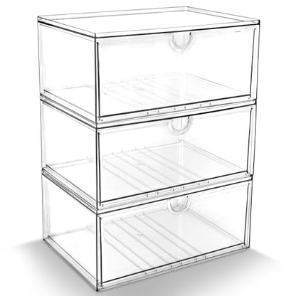 Prsildan Acrylic Makeup Organizer, 3 Pack Stackable Clear Storage Drawers for Baby Bottles Desk Organizers with 3 Drawers for Countertop Vanity Nursery Modular System for Cosmetics Jewelry - size: Stackable-3Drawers