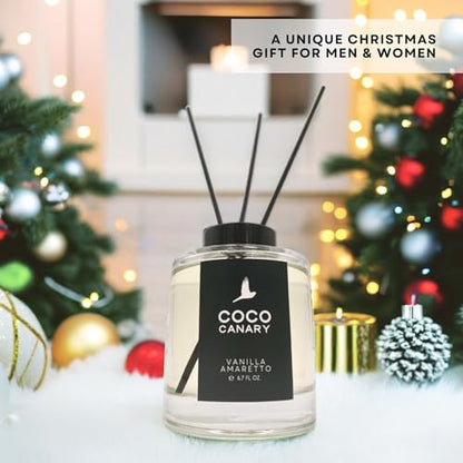 Coco Canary Reed Diffuser for Home, Warm Vanilla Amaretto, 6.7 oz | Vanilla reed diffuser; Long-lasting scent; Cozy home scent, Flameless luxury decor