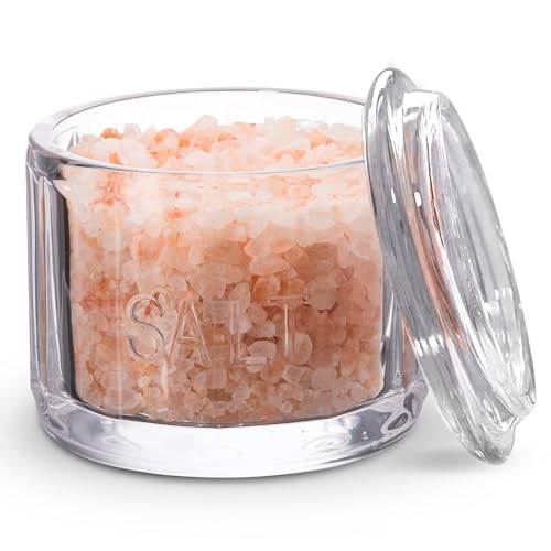 KooK Glass Salt Cellar, with Lid, Embossed Pressed Glass, Clear Storage Container, for Coffee, Sugar, Spices and Candies, 10 oz (Clear) - color: Clear